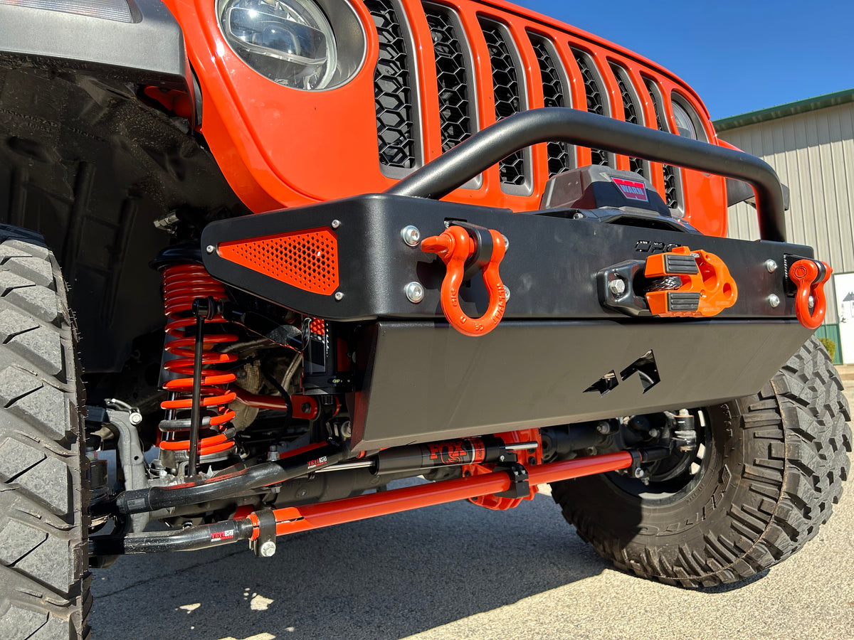 Jeep Wrangler JK, JL, and JT stubby front bumper with bull bar on orange Gladiator on 40s 2