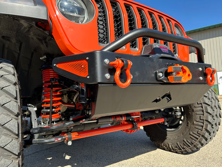 Jeep Wrangler JK, JL, and JT stubby front bumper with bull bar on orange Gladiator on 40s 2