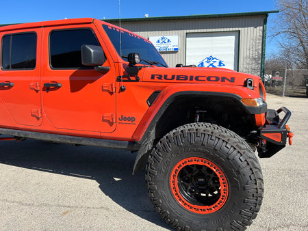 Jeep Wrangler JK, JL, and JT stubby front bumper with bull bar on orange Gladiator on 40s 5