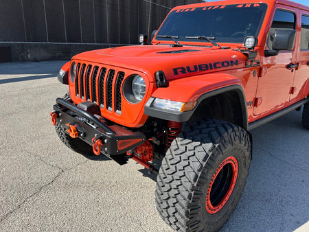 Jeep Wrangler JK, JL, and JT stubby front bumper with bull bar on orange Gladiator on 40s 6