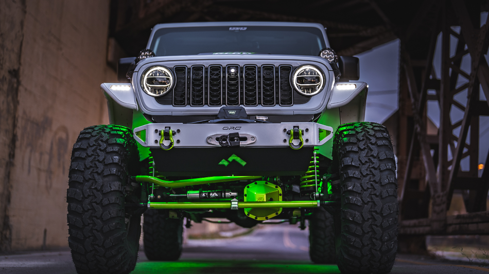 Jeep Wrangler Stubby Front Bumper with Skid Plate for JK JL and JT - On White Gladiator Under Bridge