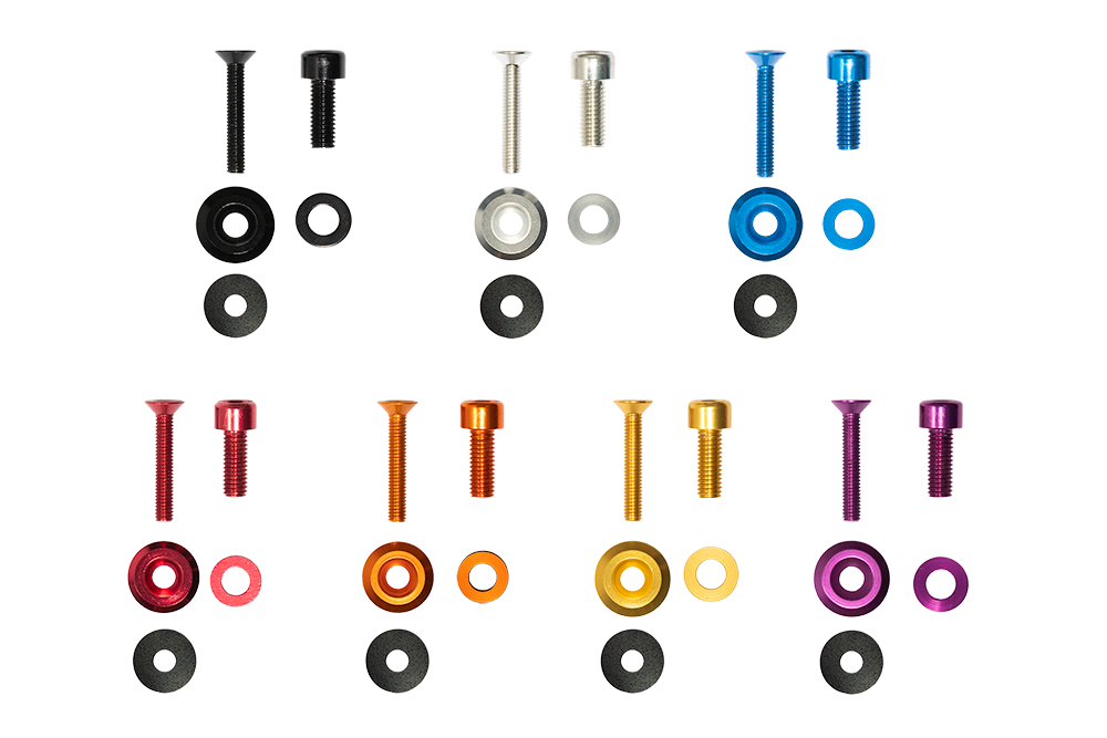 Custom anodized multi color bolts and washers. Replacement hardware for rusty jeep bolts.  Black, silver, blue, red, orange, gold, purple.