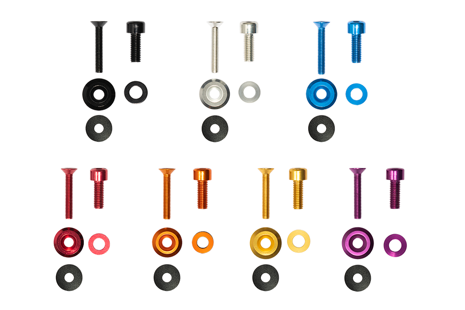 Custom anodized multi color bolts and washers. Replacement hardware for rusty jeep bolts.  Black, silver, blue, red, orange, gold, purple.