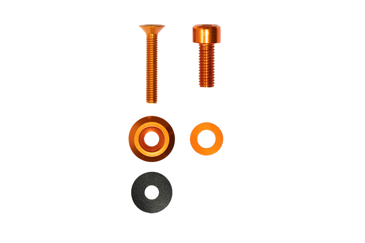 Custom anodized orange bolts and washers. Replacement hardware for rusty jeep bolts. 