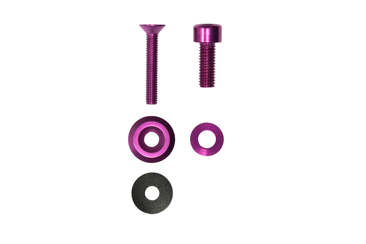 Custom anodized purple bolts and washers. Replacement hardware for rusty jeep bolts. 